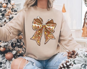 Bluza z kokardą z piernika, bluza świąteczna, bluza z kokardą świąteczną dla kobiet, prezent świąteczny, bluza z kapturem na święta, bluza zimowa
