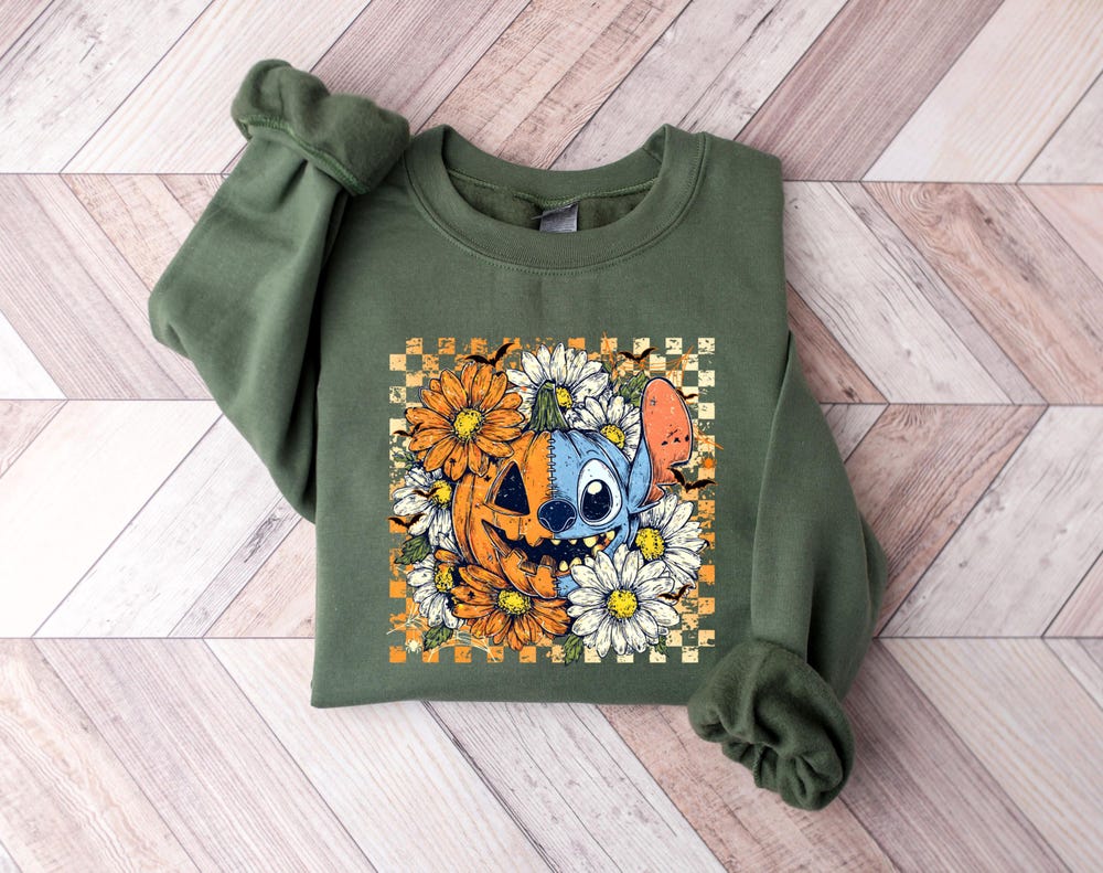Halloween Stitch Sweatshirt, Checkered Stitch Halloween Sweatshirt, Pumpkin Stitch Sweatshirt, Floral Stitch Sweatshirt, Disney Sweatshirt