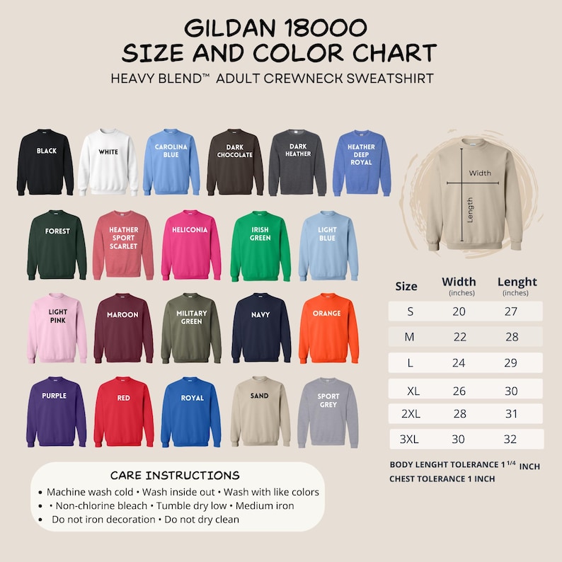 May include: A Gildan 18000 Heavy Blend adult crewneck sweatshirt size and color chart. It displays twenty-one color options with labels, a diagram showing width and length measurements, and a table listing sizes S through 3XL in inches.