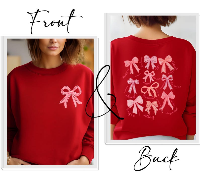 May include: A red crewneck sweatshirt featuring a single light pink bow graphic on the front left chest. The back of the sweatshirt displays a collection of various light pink and dark pink bow illustrations accompanied by small cursive text.