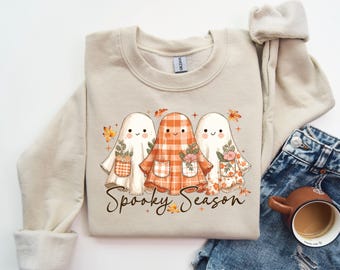 Spooky Season Ghost Sweatshirt, Patchwork Ghost Sweatshirt, Floral Ghost Sweatshirt, Halloween Fall Sweatshirt, Autumn Ghost Sweatshirt