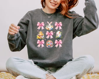 Comfort Colors® Easter Bow Sweatshirt, Coquette Bow Bunny Sweatshirt, Cute Easter Sweater, Bunny Sweatshirt, Easter Day Hoodie, Easter Gift