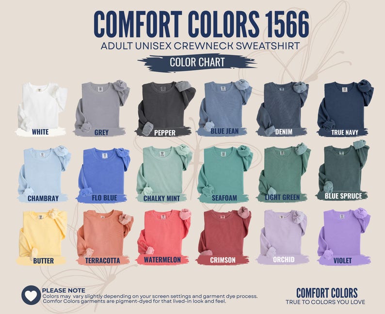 K&ouml;nnte beinhalten: Eine Comfort Colors 1566 Unisex-Sweatshirt-Farbkarte mit Rundhalsausschnitt, die achtzehn gefaltete Kleidungsst&uuml;cke in verschiedenen Farbt&ouml;nen zeigt, darunter Wei&szlig;, Grau, Pfeffer, Blue Jean, Denim, Marineblau, Chambray, Flo Blue, Minze, Meerschaum, Gr&uuml;n, Fichte, Butter, Terrakotta, Wassermelone, Karmesinrot, Orchidee und Violett.