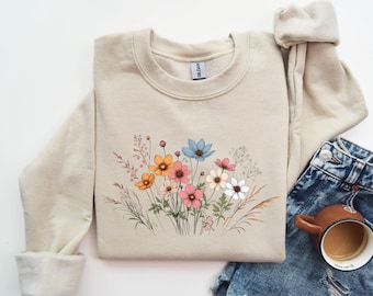 Felpa con stampa floreale botanica, felpa Fairycore, felpa con fiori di campo, felpa con fiori pressati vintage, grazioso regalo per donna, maglione con natura