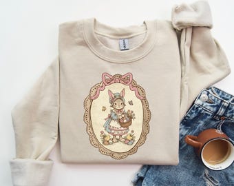 Floral Coquette Bunny Easter Sweatshirt, Rabbit Frame Sweatshirt, Grandma Core Sweatshirt, Spring Sweatshirt, Easter Gift