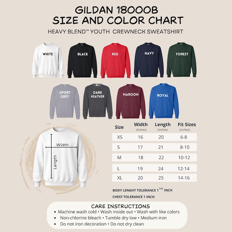May include: Gildan 18000B youth crewneck sweatshirt size and color chart. Displays nine sweatshirt colors including white, black, red, navy, forest, sport grey, dark heather, maroon, and royal. Includes a sizing table with width and length in inches.