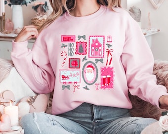 Pink Coquette Christmas Sweatshirt, Christmas Santa Sweatshirt, Holiday Sweatshirt, Xmas Gift, Winter Crewneck, Tis The Season Xmas Hoodie