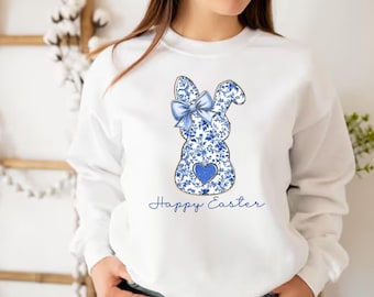 Blue Floral Bunny Sweatshirt, Happy Easter Sweatshirt, Easter Day Hoodie, Rabbit Sweatshirt, Easter Coquette Bow Sweatshirt, Easter Rabbit