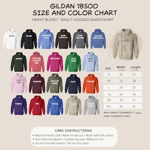 May include: A Gildan 18500 Heavy Blend adult hooded sweatshirt size and color chart. The image displays twenty-one color options with labels, a diagram showing width and length measurements, and a table listing sizes S through 3XL in inches.