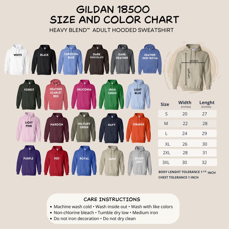 May include: A Gildan 18500 Heavy Blend adult hooded sweatshirt size and color chart. The image displays twenty-one color options with labels, a diagram showing width and length measurements, and a table listing sizes S through 3XL in inches.