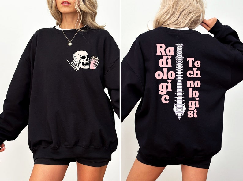 May include: Black sweatshirt with a skeleton holding a coffee cup on the front and the word "Radiologic" spelled vertically down a spine on the back.