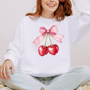 Comfort Colors® Coquette Cherry Sweatshirt, Cherry And Bow Sweatshirt, Gift For Her, Cute Ribbon Hoodie, Cherry Sweater, Coquette Bow Hoodie