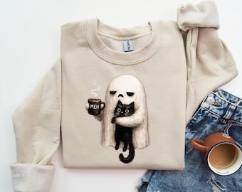 Ghost Cat Sweatshirt, Halloween Coffee Lover Gift, Spooky Season Cat Sweatshirt, Funny Halloween Hoodie