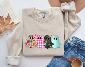 Sweatshirt patchwork spook, sweatshirt spookachtig seizoen, sweatshirt bloemen spook, sweater Thanksgiving, sweater herfstpompoen