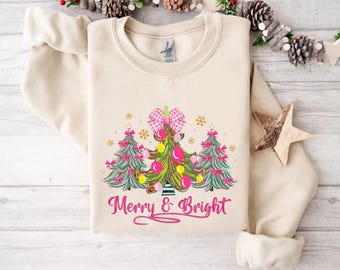 Merry and Bright Christmas Tree Sweatshirt, Unisex Holiday Hoodie