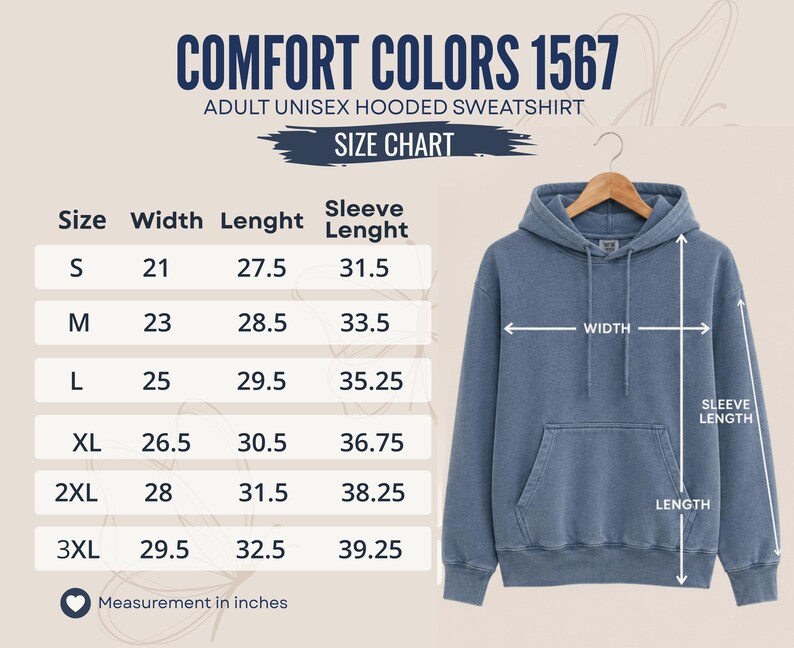 K&ouml;nnte beinhalten: Ein blauer Kapuzenpullover mit K&auml;ngurutasche und passenden Kordelz&uuml;gen, neben einer Gr&ouml;&szlig;entabelle mit der Aufschrift Comfort Colors 1567 Adult Unisex Hooded Sweatshirt. Die Tabelle listet die Ma&szlig;e in Zoll f&uuml;r die Gr&ouml;&szlig;en S bis 3XL auf.