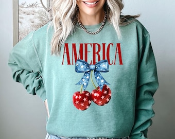 Comfort Colors® Coquette Bow America Sweatshirt, Coquette America Cherries Sweatshirt, 4th Of July Hoodie, Patriotic Cherry Bow Sweatshirt