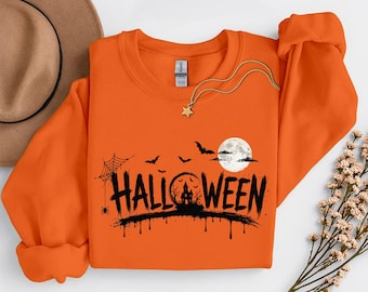 Bluza z nadrukiem na Halloween, bluza z nadrukiem nietoperzy na Halloween, sweter z dynią, upiorny prezent na sezon, bluza z kapturem z grafiką na Halloween