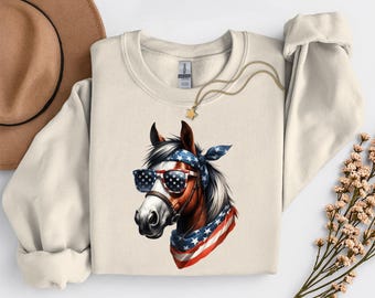 Patriotic Horse Sweatshirt, 4th Of July Sweatshirt, American Flag Sweatshirt, Western Horse Sweatshirt, Patriotic Gift, USA Sweatshirt