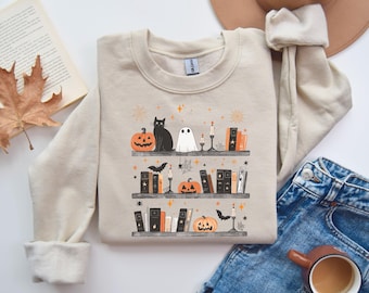 Felpa con gatto zucca, fantasma e libro, felpa di Halloween per insegnanti, felpa di Halloween per amanti dei libri, felpa con fantasma retrò, regalo per insegnanti