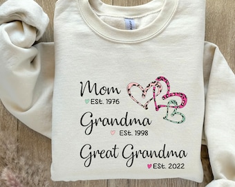 Felpa personalizzata con nome della nonna e anno del bambino, felpa con scritta "Mamma, Nonna, Bisnonna", regalo per la mamma della bisnonna, regalo per la mamma