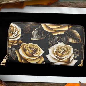 Cartera con rosas góticas - Cartera elegante con cremallera con rosas negras y doradas - Cartera con cremallera botánica gótica - Cartera gótica con rosas negras
