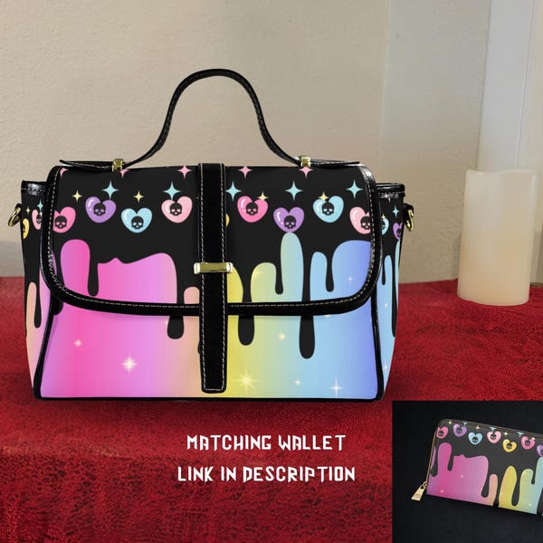 Pastel Goth Satchel Style Purse - Drippy Pastel Rainbow Design - Pastel Goth Rainbow Skulls Shoulder Bag - Pastel Goth Crossbody Bag