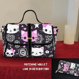 Pastel Goth Cat Crossbody Satchel - Kawaii Style Purse - Kawaii Style Pastel Goth Cat Purse - Crossbody Satchel Bag - Goth Cat Shoulder Bag
