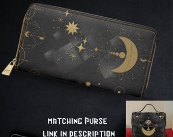 Goth-portemonnee van kunstleer: celestial moon and stars-ritsontwerp
