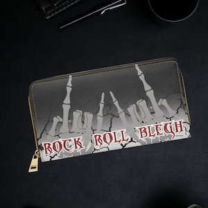 Cartera gótica con cremallera y diseño de rock and roll Blegh - Cartera gótica de rock and roll - Cartera para amantes del heavy metal - Cartera con manos de esqueleto