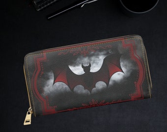 Goth Wallet - Cute Wallet -  Goth Bat Wallet - Zippered Gothic Wallet - Red and Black Bat - Gothic Style Slim Wallet