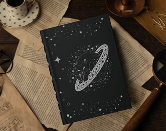 Dark Academia Galaxy Cat Hardcover Journal Matte - Goth Cat Journal - Celestial Cat Blank Spell Book