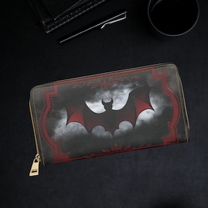 Cartera gótica - Cartera bonita - Cartera gótica con murciélago - Cartera gótica con cremallera - Murciélago rojo y negro - Cartera delgada estilo gótico