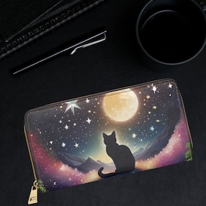 Cartera gótica Dark Academia Celestial Black Cat Cartera con cremallera Full Moon