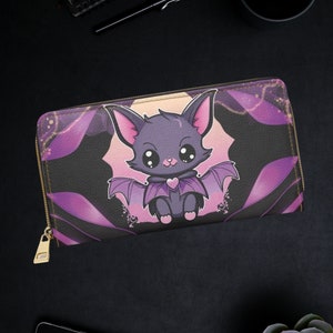 Cartera gótica - Cartera bonita - Cartera con diseño de murciélago gótico pastel - Cartera gótica con cremallera - Cartera de mujer con diseño de murciélago gótico