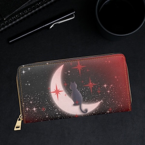 Cartera gótica - Cartera con diseño de gato celestial de Dark Academia - Cartera con cremallera de luna creciente - Cartera con diseño de gato gótico - Cartera con diseño de gato brujo