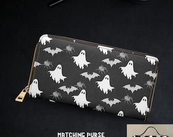 Cartera con estampado gótico de fantasmas y murciélagos: Cartera de piel sintética con cremallera y diseño espeluznante