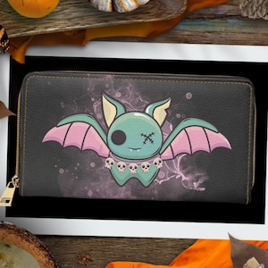 Cartera de murciélago pastel gótico - Cartera gótica - Cartera de bruja - Cartera con cremallera - Bonita cartera delgada de mujer con murciélago pastel