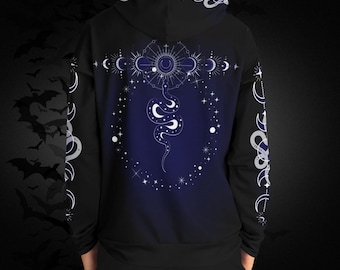 Gothic Celestial Snake Moon Phases Hoodie – Blue Black All Over Print
