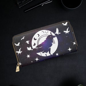 Cartera gótica - Cartera celestial gótica - Cartera gótica - Cartera con cremallera Raven