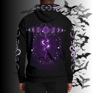 Felpa con cappuccio Gothic Celestial Snake Moon Phases – Stampa integrale viola e nera