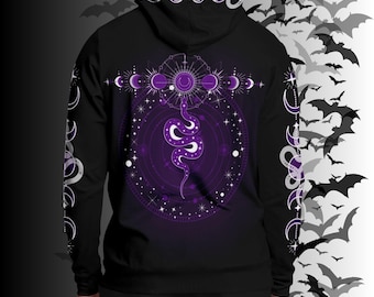 Gothic Celestial Snake Moon Phases Hoodie – Purple Black All Over Print