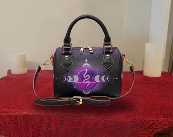Celestial Snake Moon Phase Crossbody Purse — Witchy PU Leather Barrel Bag - Gothic Shoulder Bag