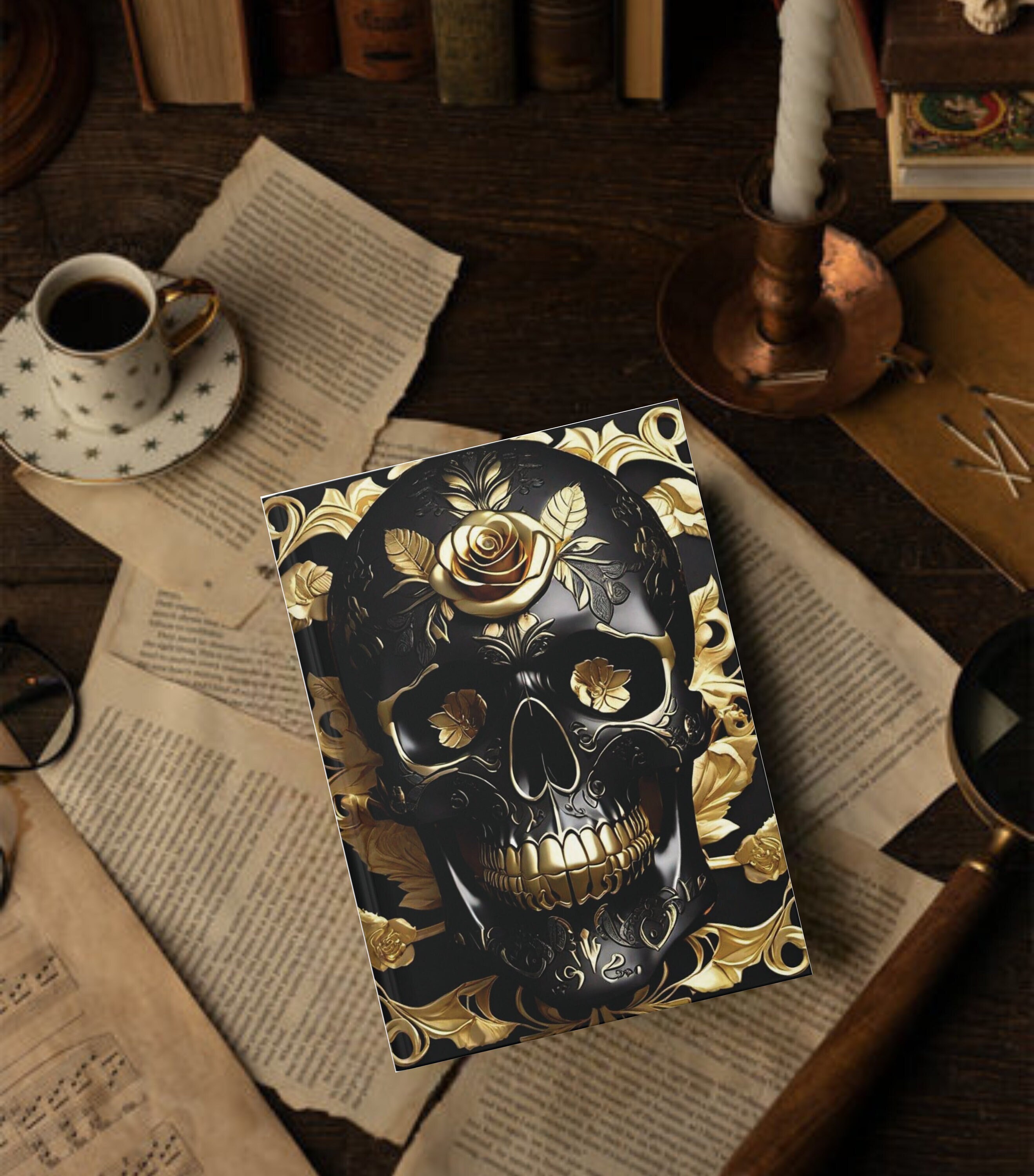 Dark Academia Gothic Dream Keeper - Black and Gold Skull Hardcover Journal