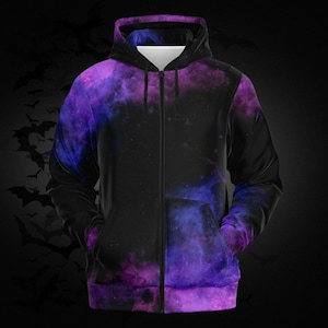 Sudadera con capucha y cremallera Purple Galaxy: estampado del espacio celestial