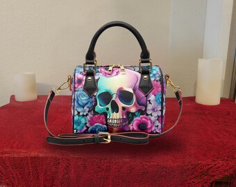 Pastel Goth Floral Skull Crossbody Purse — Gothic PU Leather Barrel Bag