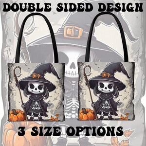 Skeleton Witch Canvas Tote Bag - Goth Halloween Trick or Treat Bag