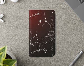 Gothic Celestial Phone Wallet Case: Black & Red Vegan Leather Flip Case