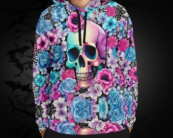 Sudadera con capucha y estampado floral de calaveras estilo gótico pastel — Sudadera con capucha con estampado integral de calaveras góticas