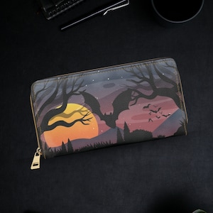 Cartera gótica - Cartera bonita - Cartera gótica con forma de murciélago - Cartera gótica con cremallera - Cartera delgada estilo gótico